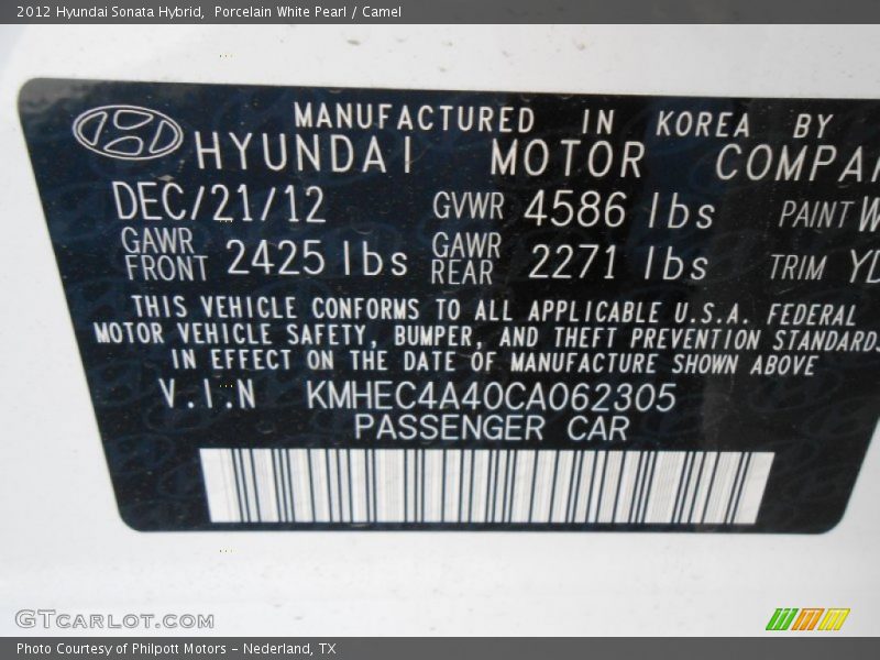 Porcelain White Pearl / Camel 2012 Hyundai Sonata Hybrid