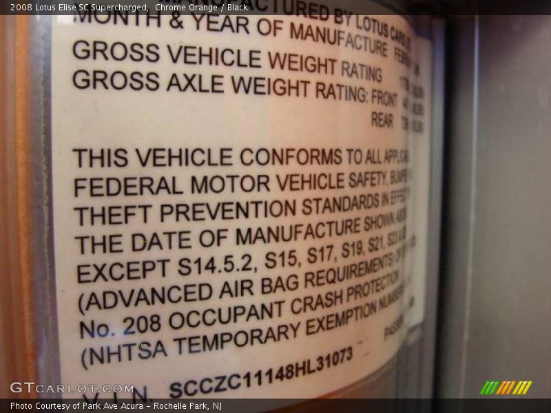 Info Tag of 2008 Elise SC Supercharged