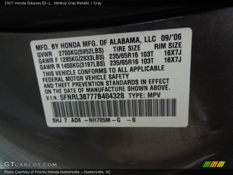 Nimbus Gray Metallic / Gray 2007 Honda Odyssey EX-L