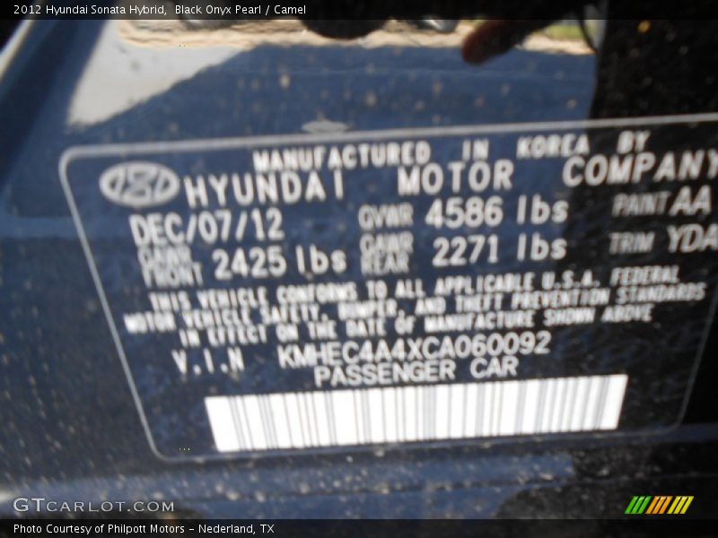 Black Onyx Pearl / Camel 2012 Hyundai Sonata Hybrid