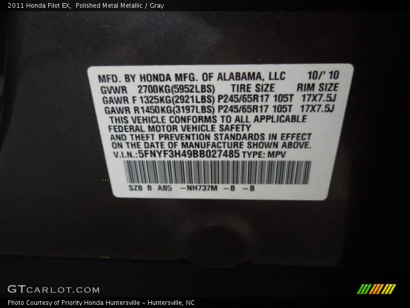 Polished Metal Metallic / Gray 2011 Honda Pilot EX