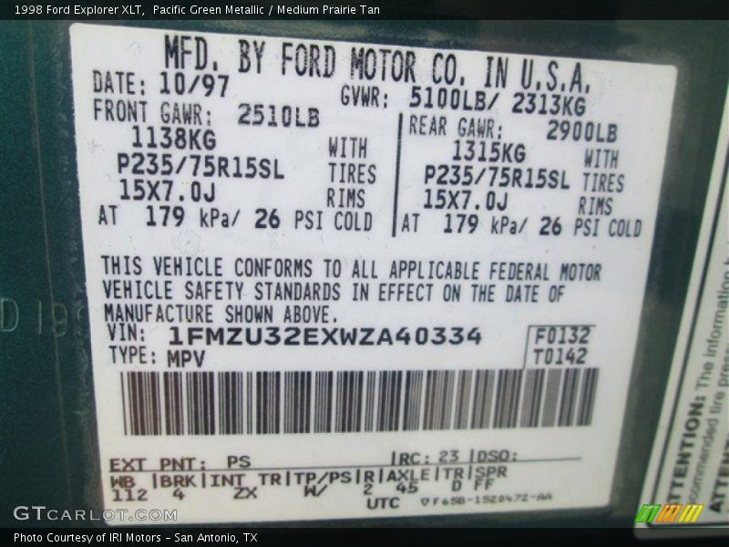1998 Explorer XLT Pacific Green Metallic Color Code PS