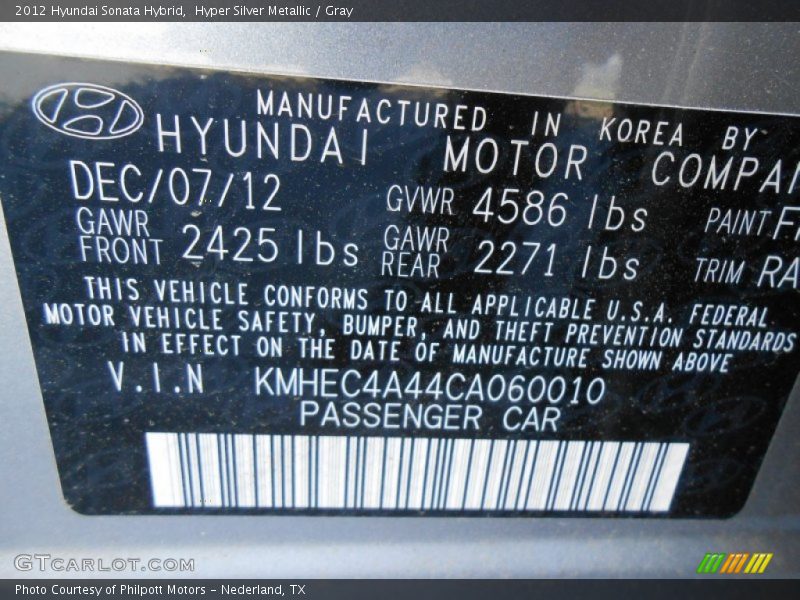 Hyper Silver Metallic / Gray 2012 Hyundai Sonata Hybrid