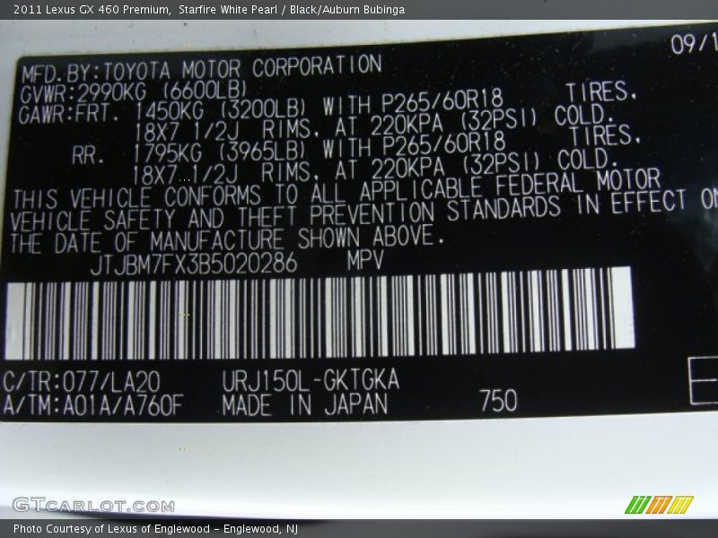 Starfire White Pearl / Black/Auburn Bubinga 2011 Lexus GX 460 Premium