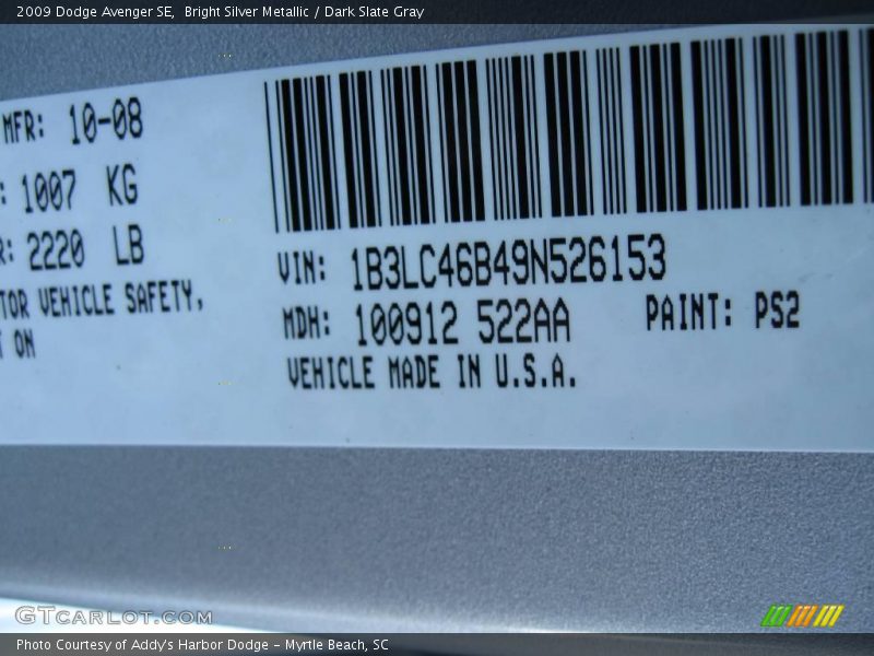 2009 Avenger SE Bright Silver Metallic Color Code PS2