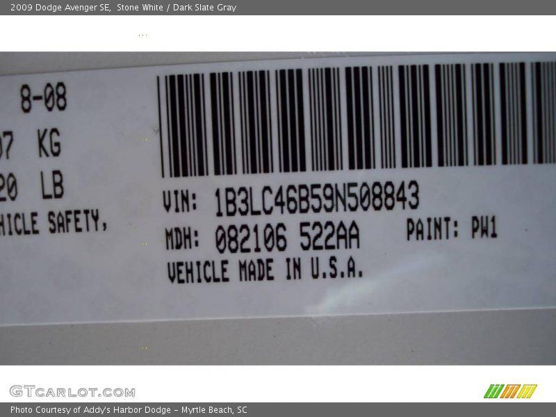 Stone White / Dark Slate Gray 2009 Dodge Avenger SE