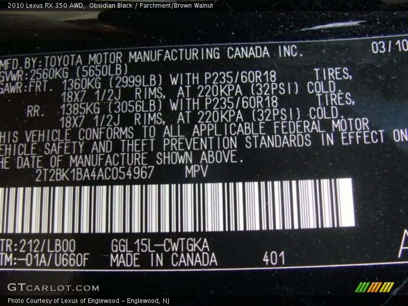 Obsidian Black / Parchment/Brown Walnut 2010 Lexus RX 350 AWD