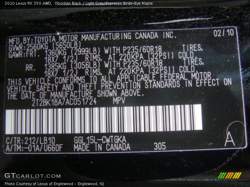 Obsidian Black / Light Gray/Espresso Birds-Eye Maple 2010 Lexus RX 350 AWD