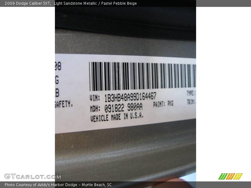 2009 Caliber SXT Light Sandstone Metallic Color Code PKG