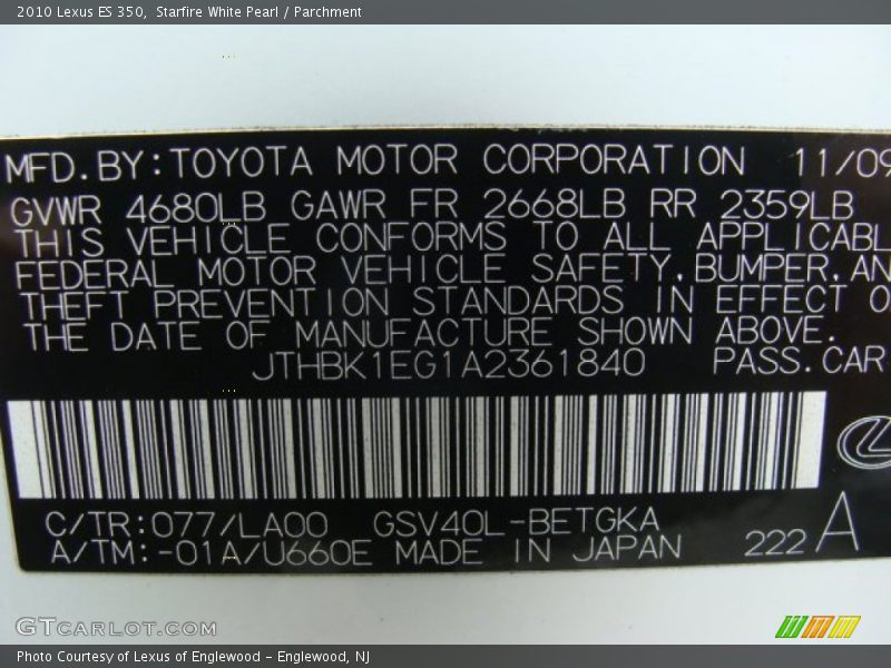 Starfire White Pearl / Parchment 2010 Lexus ES 350