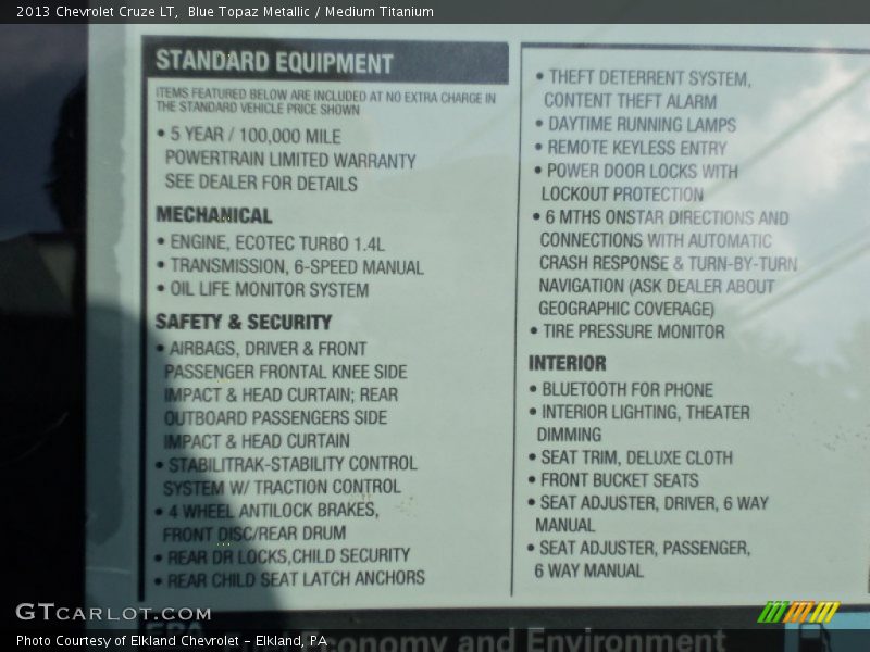 Blue Topaz Metallic / Medium Titanium 2013 Chevrolet Cruze LT
