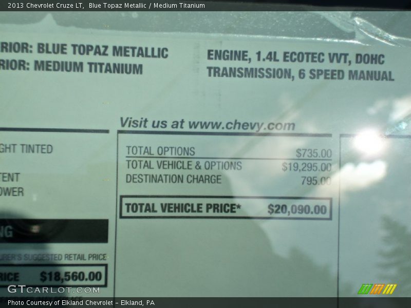 Blue Topaz Metallic / Medium Titanium 2013 Chevrolet Cruze LT