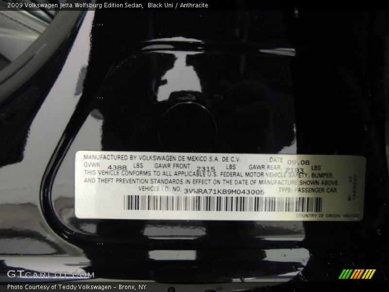 Black Uni / Anthracite 2009 Volkswagen Jetta Wolfsburg Edition Sedan