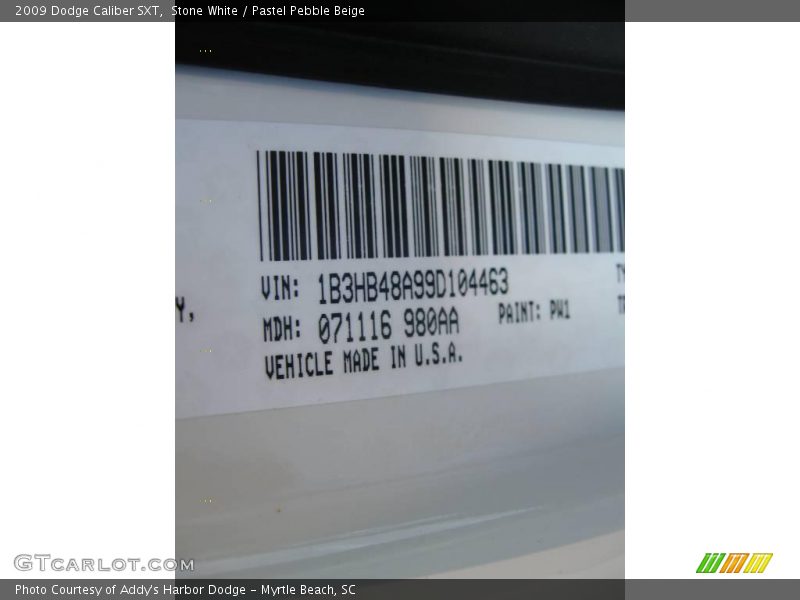 2009 Caliber SXT Stone White Color Code PW1