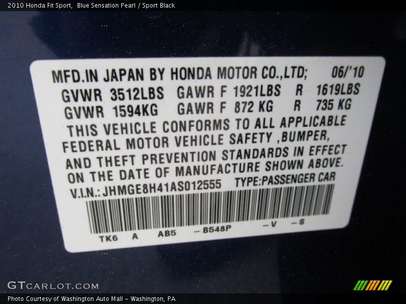 Blue Sensation Pearl / Sport Black 2010 Honda Fit Sport