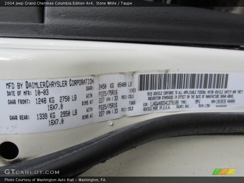 Stone White / Taupe 2004 Jeep Grand Cherokee Columbia Edition 4x4