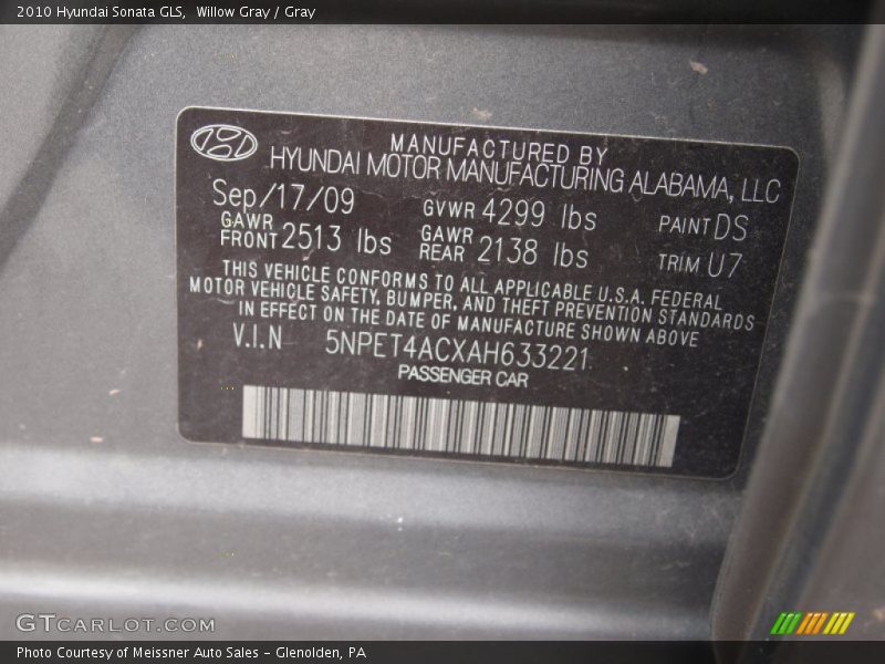 Willow Gray / Gray 2010 Hyundai Sonata GLS