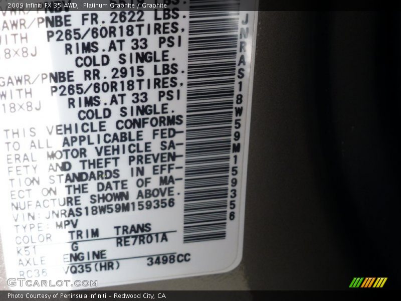 Platinum Graphite / Graphite 2009 Infiniti FX 35 AWD