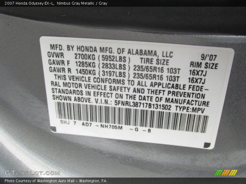 Nimbus Gray Metallic / Gray 2007 Honda Odyssey EX-L