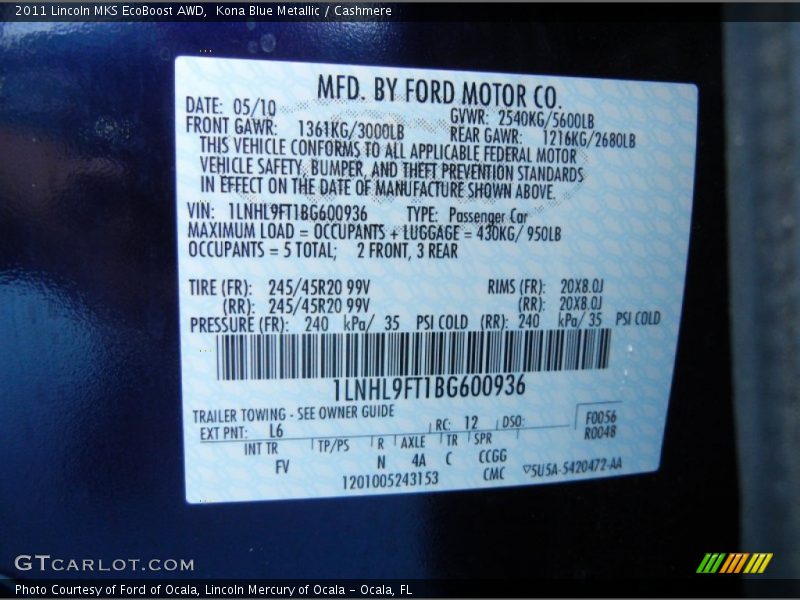 2011 MKS EcoBoost AWD Kona Blue Metallic Color Code L6