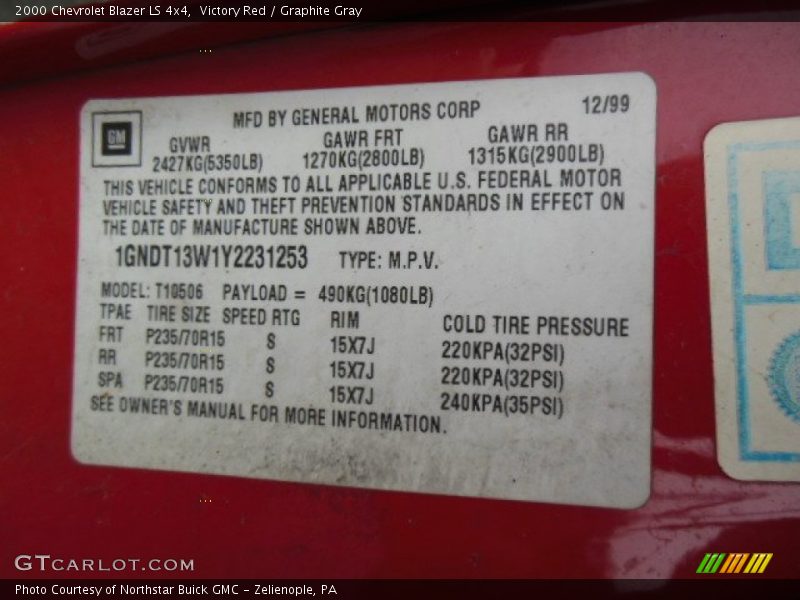 Info Tag of 2000 Blazer LS 4x4