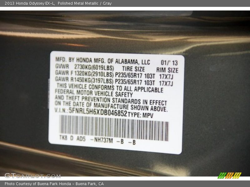 Polished Metal Metallic / Gray 2013 Honda Odyssey EX-L