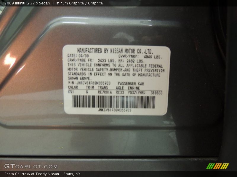2009 G 37 x Sedan Platinum Graphite Color Code K51