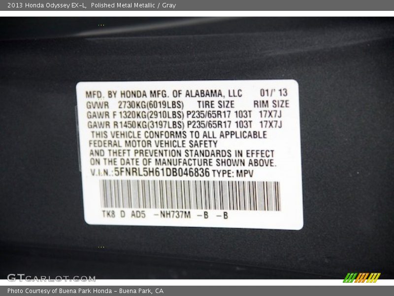 Polished Metal Metallic / Gray 2013 Honda Odyssey EX-L
