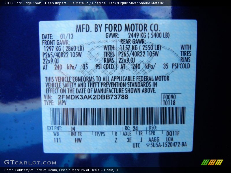 Deep Impact Blue Metallic / Charcoal Black/Liquid Silver Smoke Metallic 2013 Ford Edge Sport