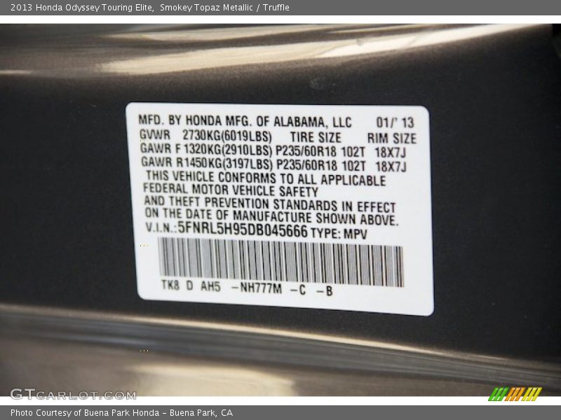 2013 Odyssey Touring Elite Smokey Topaz Metallic Color Code NH777M