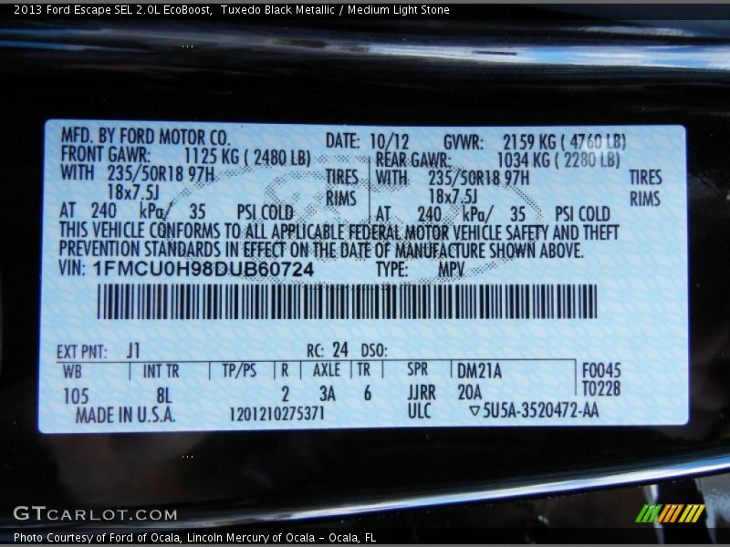 Tuxedo Black Metallic / Medium Light Stone 2013 Ford Escape SEL 2.0L EcoBoost