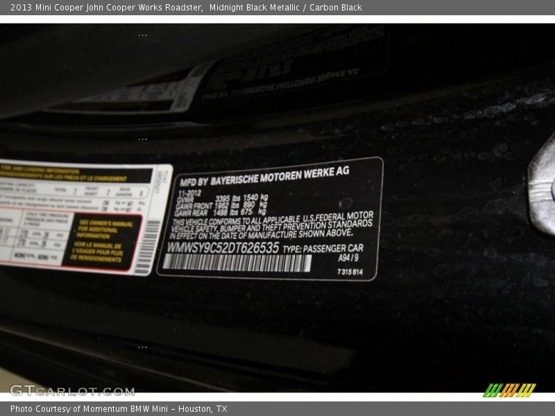 2013 Cooper John Cooper Works Roadster Midnight Black Metallic Color Code A94