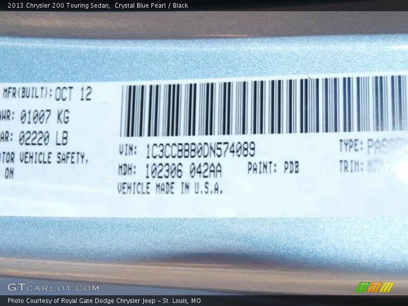 Crystal Blue Pearl / Black 2013 Chrysler 200 Touring Sedan