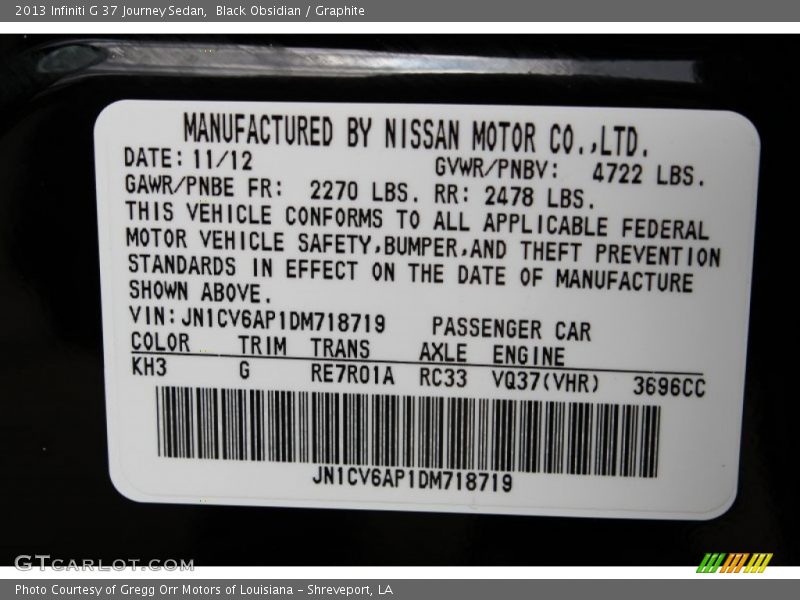 2013 G 37 Journey Sedan Black Obsidian Color Code KH3