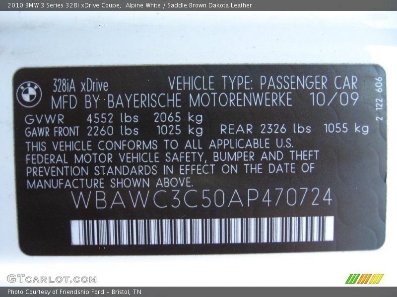 Alpine White / Saddle Brown Dakota Leather 2010 BMW 3 Series 328i xDrive Coupe