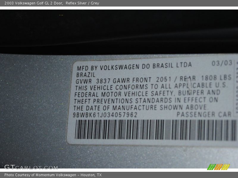 Reflex Silver / Grey 2003 Volkswagen Golf GL 2 Door