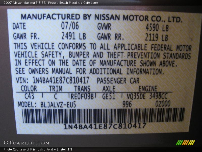 Pebble Beach Metallic / Cafe Latte 2007 Nissan Maxima 3.5 SE