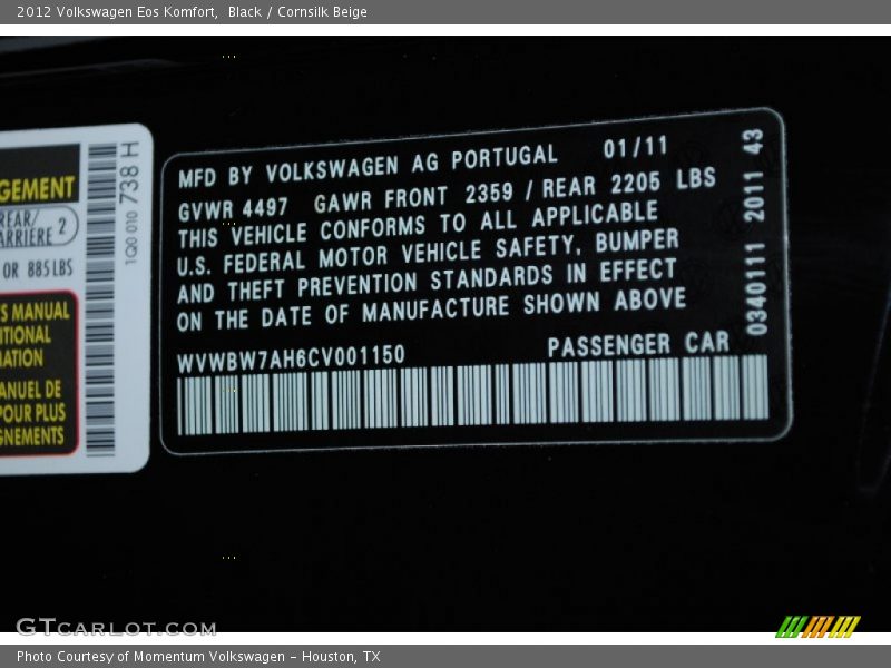 Black / Cornsilk Beige 2012 Volkswagen Eos Komfort