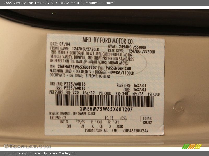 Gold Ash Metallic / Medium Parchment 2005 Mercury Grand Marquis LS