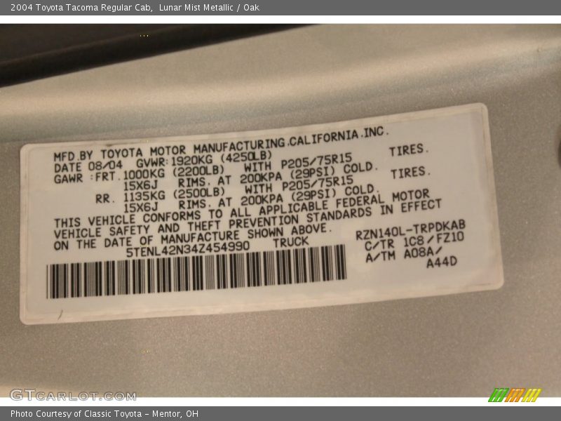 2004 Tacoma Regular Cab Lunar Mist Metallic Color Code 1C8