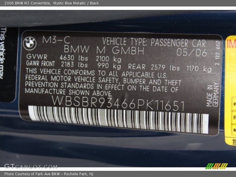 Info Tag of 2006 M3 Convertible
