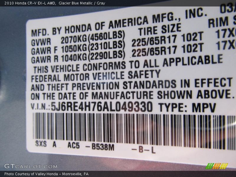 Glacier Blue Metallic / Gray 2010 Honda CR-V EX-L AWD