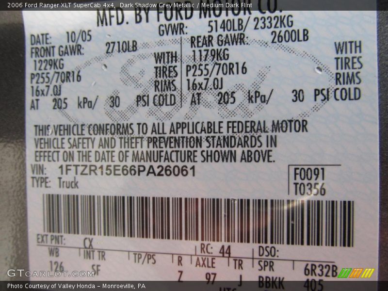 2006 Ranger XLT SuperCab 4x4 Dark Shadow Grey Metallic Color Code CX