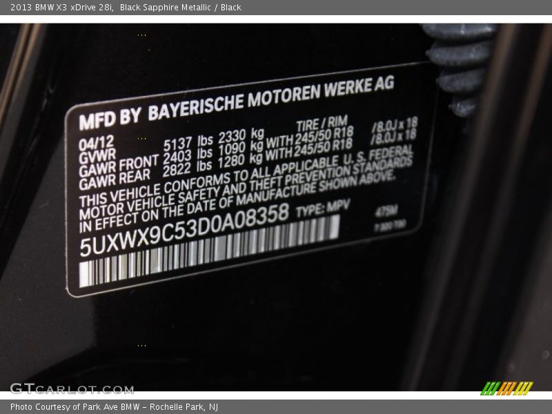 Black Sapphire Metallic / Black 2013 BMW X3 xDrive 28i