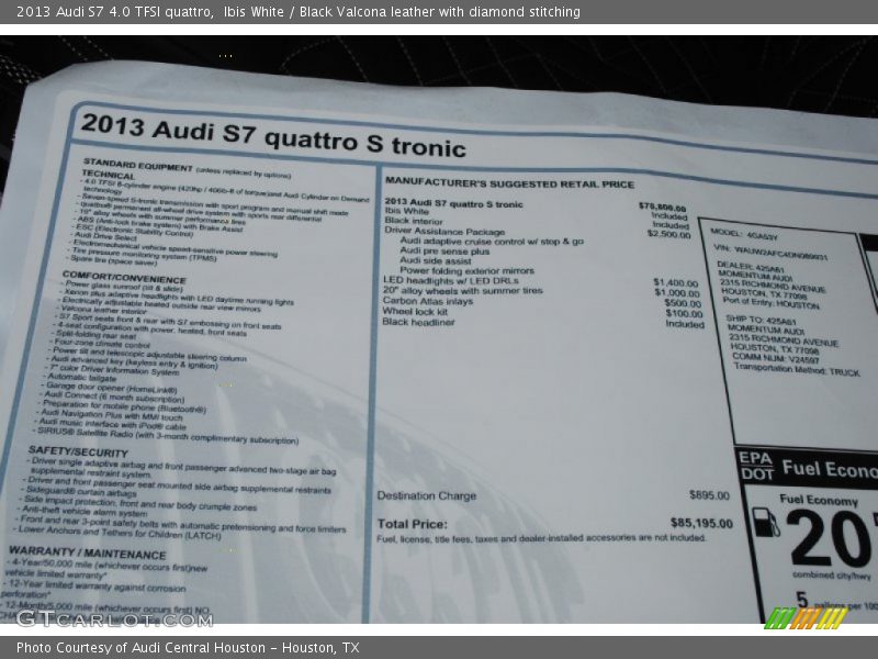  2013 S7 4.0 TFSI quattro Window Sticker