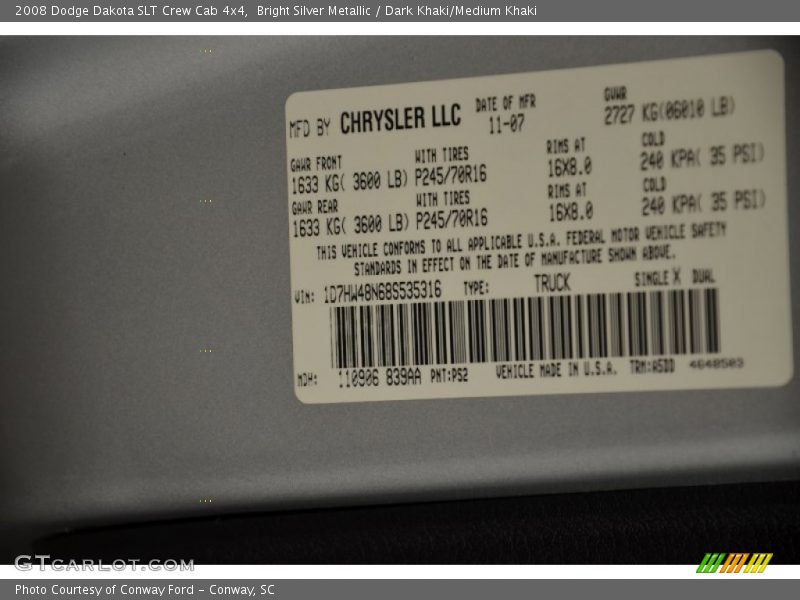 2008 Dakota SLT Crew Cab 4x4 Bright Silver Metallic Color Code PS2