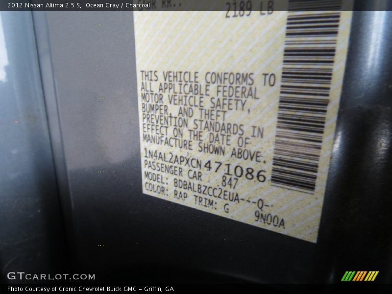 Ocean Gray / Charcoal 2012 Nissan Altima 2.5 S