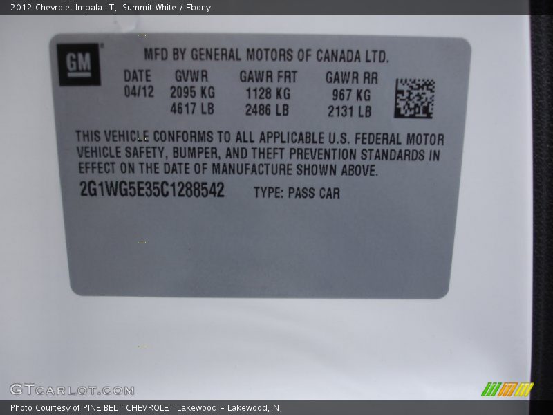 Summit White / Ebony 2012 Chevrolet Impala LT