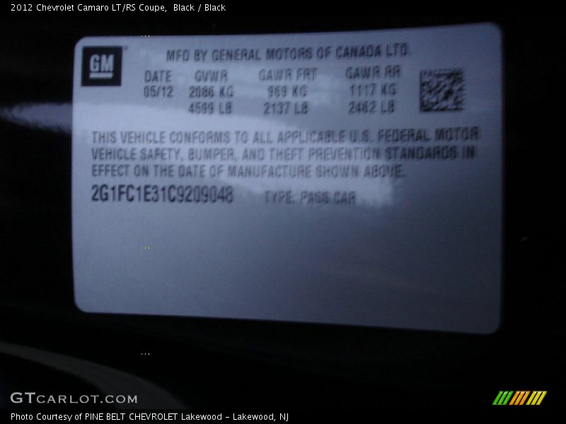 Black / Black 2012 Chevrolet Camaro LT/RS Coupe