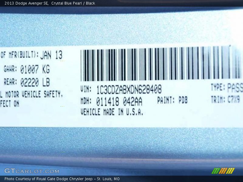 Crystal Blue Pearl / Black 2013 Dodge Avenger SE